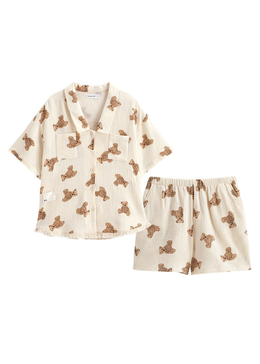 Cute Beige Peter Pan Collar Litter Bear Print Cotton Pajamas Two Pieces Set Short Sleeve LY2754