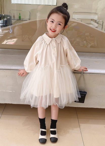 Cute Beige Peter Pan Collar Tulle Patchwork Cotton Girls Dresses Fall Ada Fashion