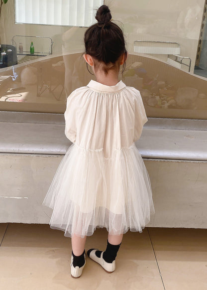 Cute Beige Peter Pan Collar Tulle Patchwork Cotton Girls Dresses Fall Ada Fashion