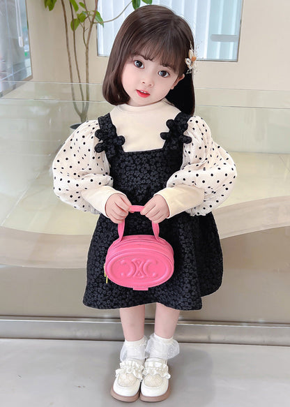 Cute Black Dot Patchwork False Two Pieces Cotton Girls Dresses Lantern Sleeve Ada Fashion