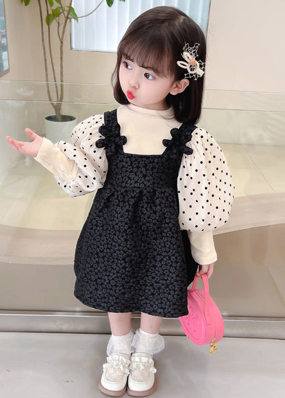 Cute Black Dot Patchwork False Two Pieces Cotton Girls Dresses Lantern Sleeve Ada Fashion