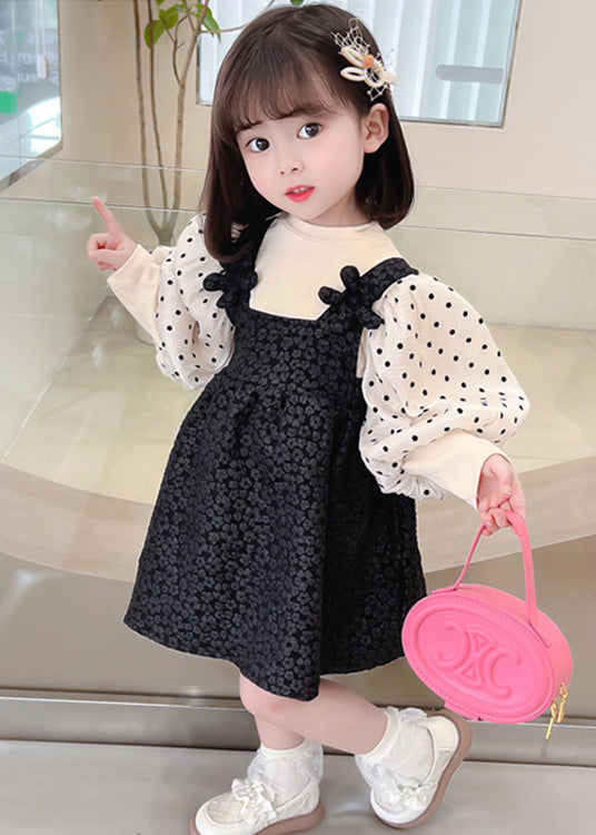 Cute Black Dot Patchwork False Two Pieces Cotton Girls Dresses Lantern Sleeve Ada Fashion
