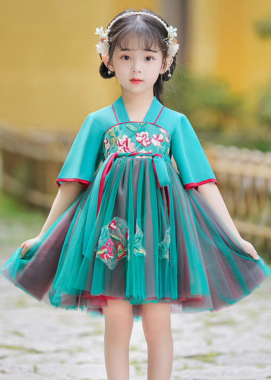 Cute Green Embroideried Tie Waist Tulle Girls Mid Dress Summer