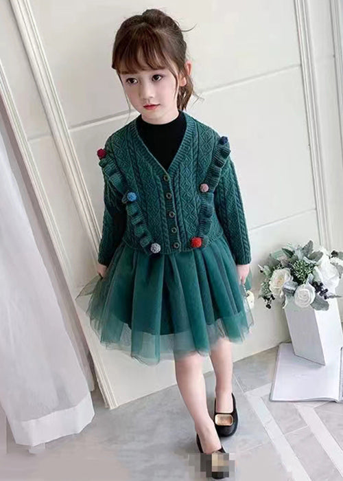 Cute Green O Neck Tulle Patchwork Knit Girls Two Pieces Set Fall Ada Fashion