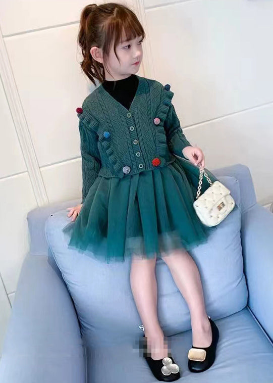 Cute Green O Neck Tulle Patchwork Knit Girls Two Pieces Set Fall Ada Fashion