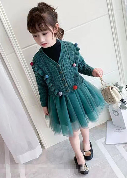 Cute Green O Neck Tulle Patchwork Knit Girls Two Pieces Set Fall Ada Fashion