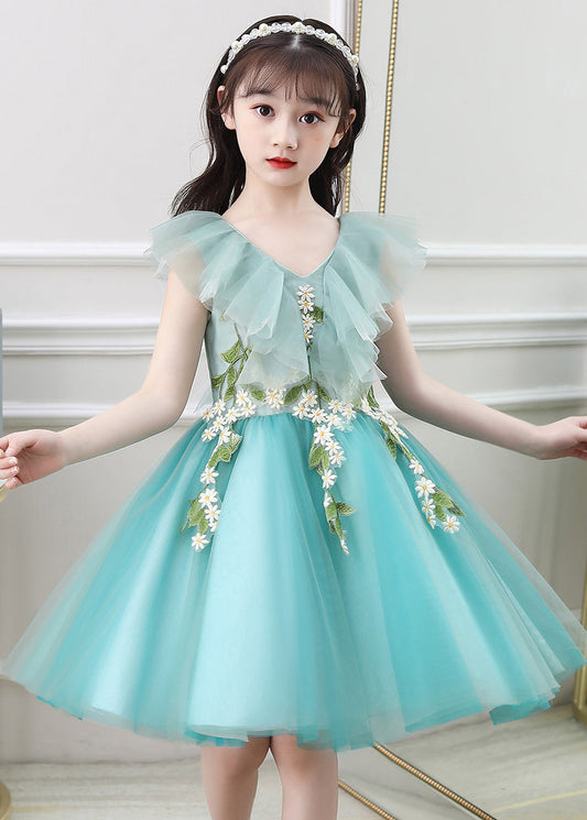 Cute Green Ruffled Embroideried Daisy Tulle Kids Girls Long Dresses Summer