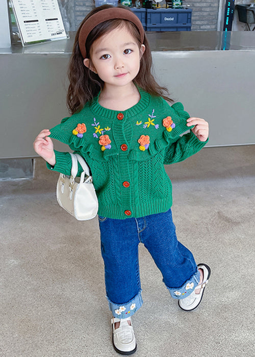 Cute Green Ruffled Knit Coat And Denim Pants Girls Sets 2 Pieces Fall Ada Fashion