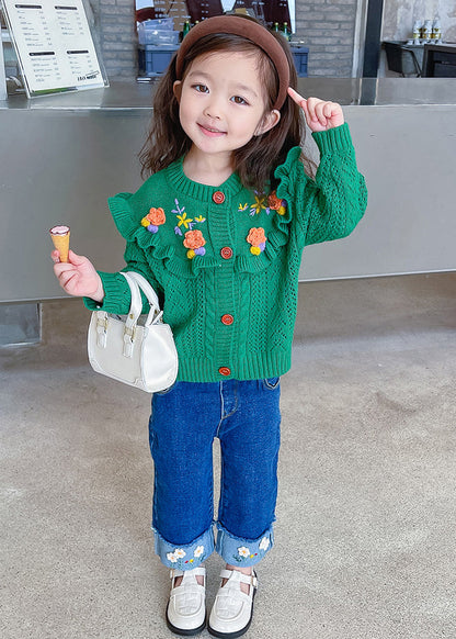 Cute Green Ruffled Knit Coat And Denim Pants Girls Sets 2 Pieces Fall Ada Fashion