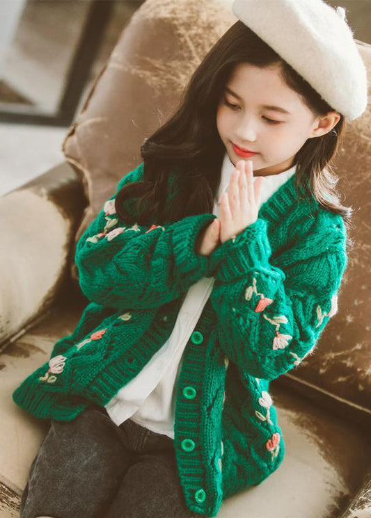 Cute Green V Neck Button Patchwork Knit Girls Cardigans Fall Ada Fashion