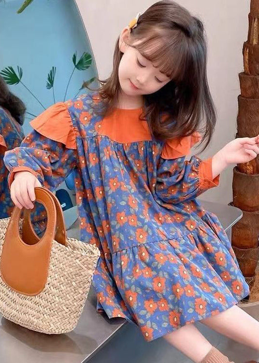 Cute Orange O Neck Print Patchwork Cotton Girls Dress Fall Ada Fashion