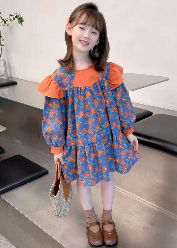 Cute Orange O Neck Print Patchwork Cotton Girls Dress Fall Ada Fashion