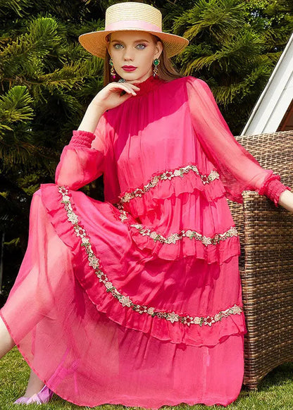 Cute Pink Embroidered Floral Patchwork Wrinkled Silk Long Dress Long Sleeve Ada Fashion