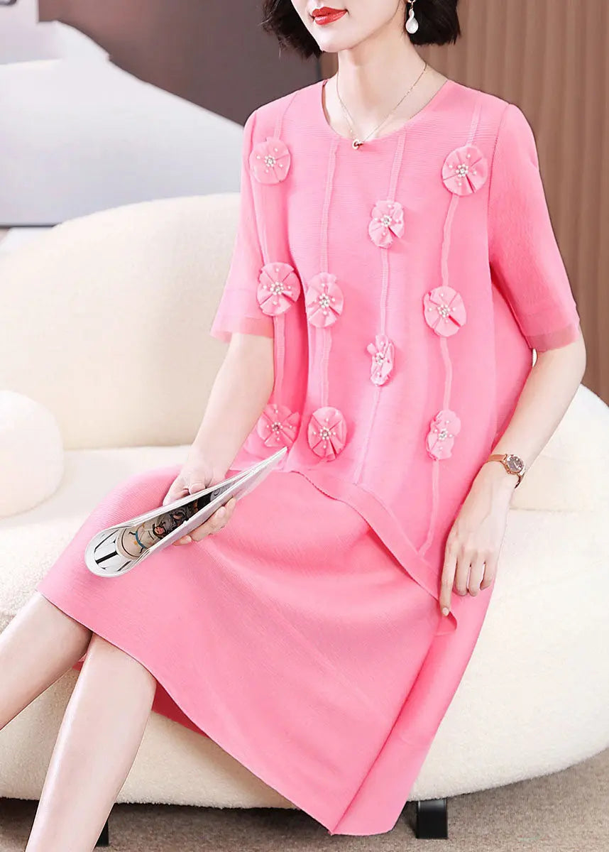 Cute Pink O-Neck Floral Patchwork Long Dress Short Sleeve Ada Fashion