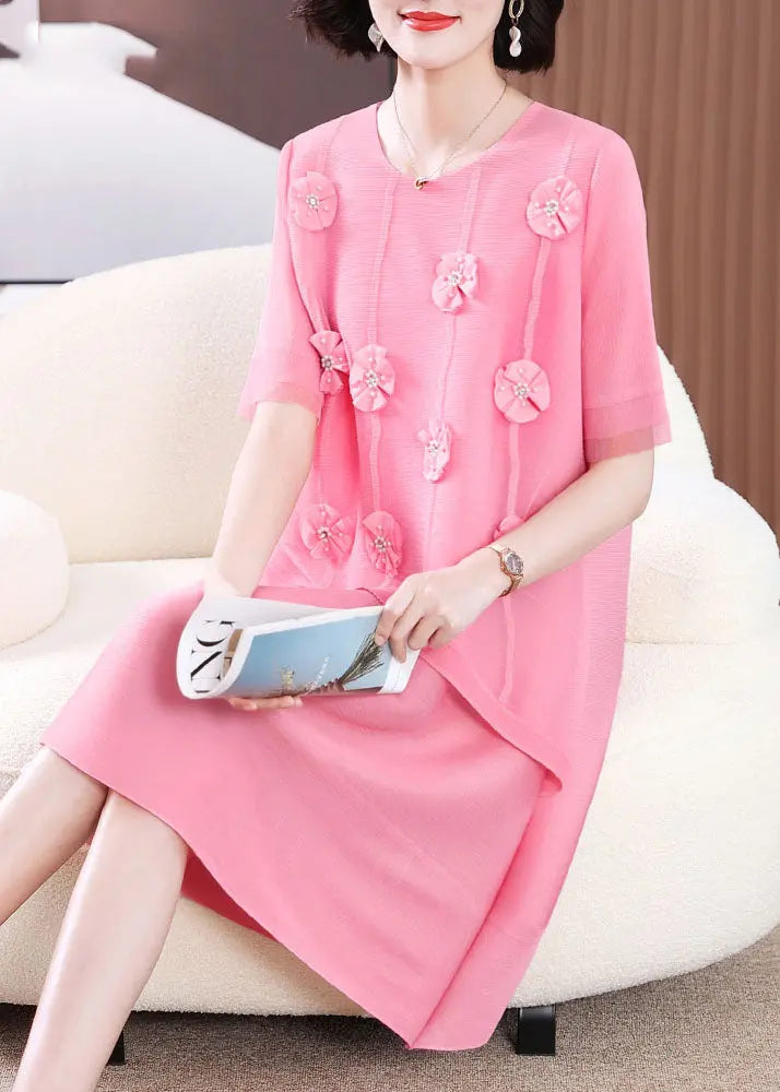 Cute Pink O-Neck Floral Patchwork Long Dress Short Sleeve Ada Fashion