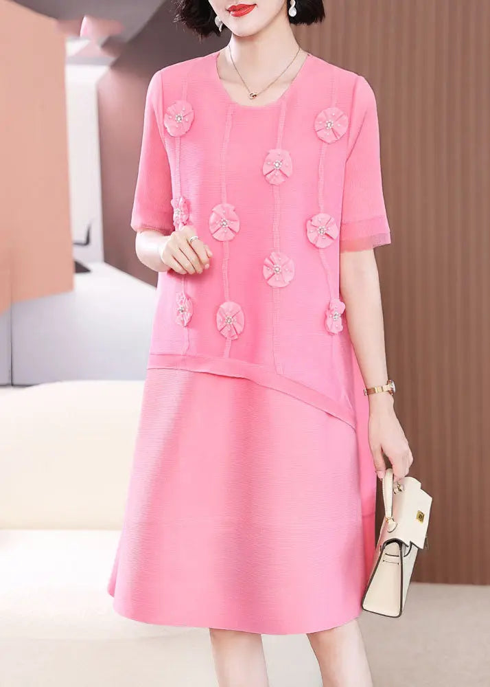 Cute Pink O-Neck Floral Patchwork Long Dress Short Sleeve Ada Fashion