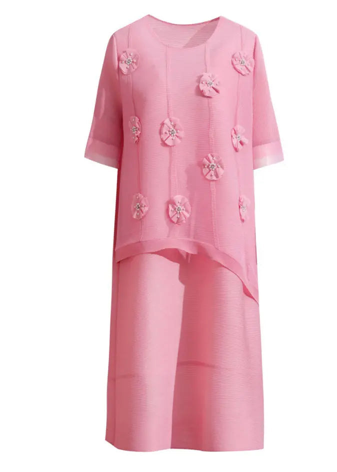 Cute Pink O-Neck Floral Patchwork Long Dress Short Sleeve Ada Fashion