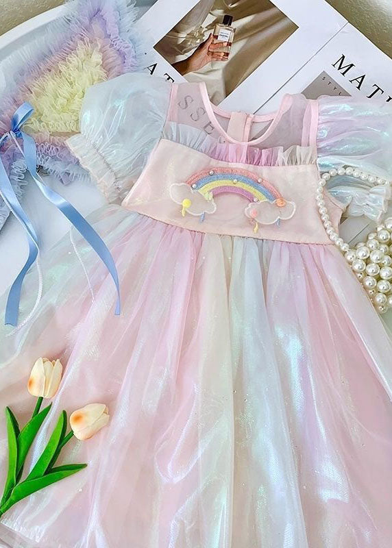 Cute Rainbow Ruffled Patchwork Tulle Baby Girls Dresses Summer