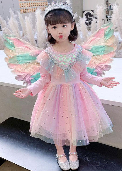 Robe de soirée mignonne en tulle à volants et paillettes arc-en-ciel pour bébé fille, manches longues