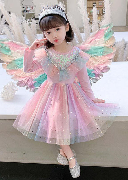 Robe de soirée mignonne en tulle à volants et paillettes arc-en-ciel pour bébé fille, manches longues