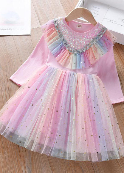 Robe de soirée mignonne en tulle à volants et paillettes arc-en-ciel pour bébé fille, manches longues