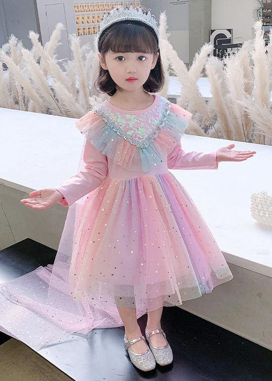 Cute Rainbow Ruffled Sequins Patchwork Tulle Baby Girls Party Dress Long Sleeve