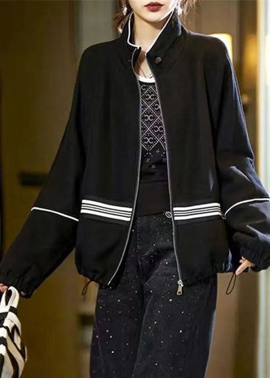 DIY Black Stand Collar Zippered Drawstring Patchwork Jackets Fall Ada Fashion