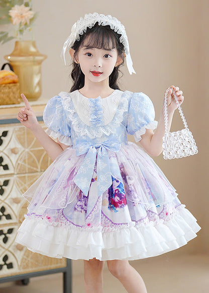 Robe mi-longue en tulle à imprimé patchwork bleu à col rond et manches bouffantes pour filles