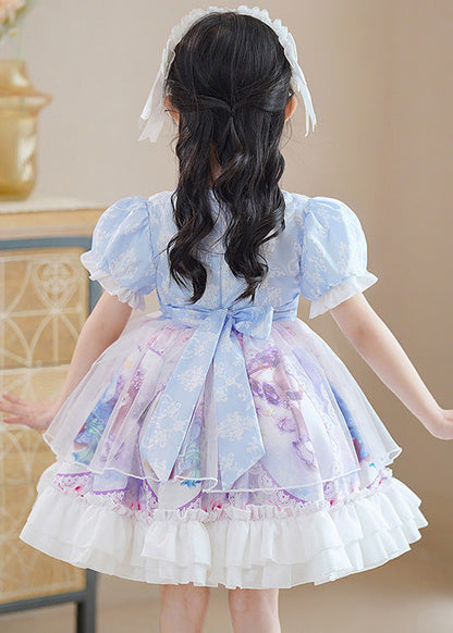 Robe mi-longue en tulle à imprimé patchwork bleu à col rond et manches bouffantes pour filles