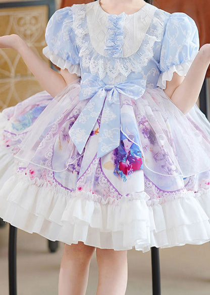 Robe mi-longue en tulle à imprimé patchwork bleu à col rond et manches bouffantes pour filles