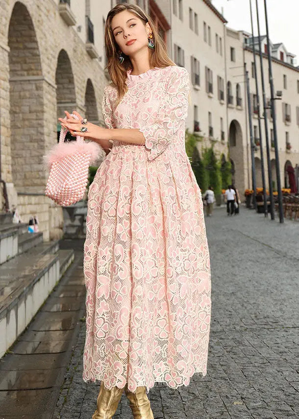 DIY Pink Stand Collar Hollow Out Patchwork Lace Maxi Dresses Bracelet Sleeve Ada Fashion