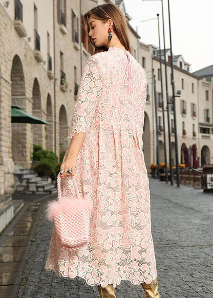 DIY Pink Stand Collar Hollow Out Patchwork Lace Maxi Dresses Bracelet Sleeve Ada Fashion