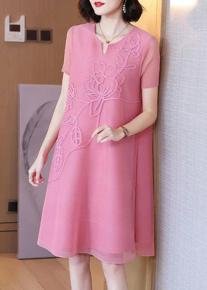 DIY Pink V Neck Embroidered Nail Bead Tulle Mid Dresses Short Sleev Ada Fashion