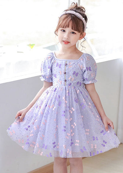 Robes d'été pour bébé fille en tulle à imprimé froissé et col carré violet