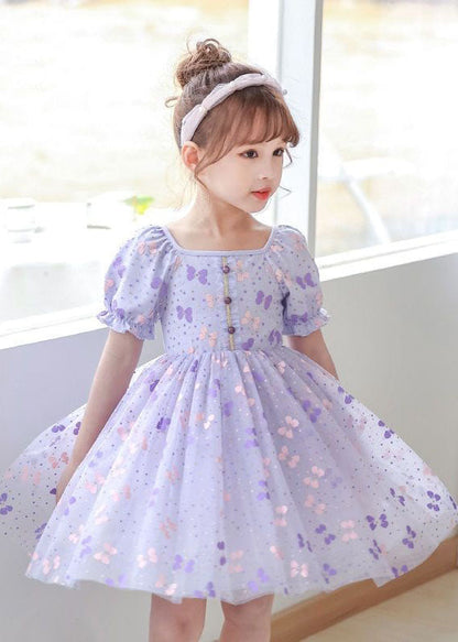 Robes d'été pour bébé fille en tulle à imprimé froissé et col carré violet