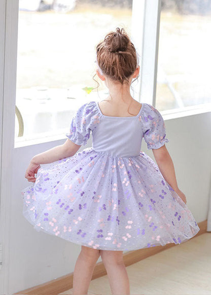 Robes d'été pour bébé fille en tulle à imprimé froissé et col carré violet