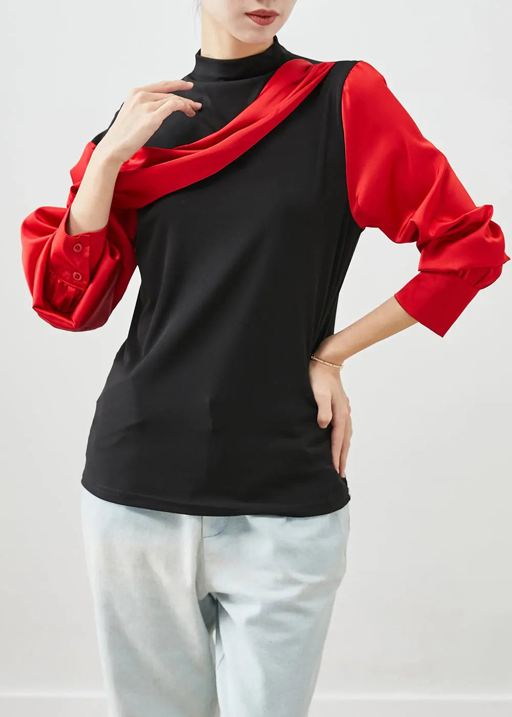 DIY Red Asymmetrical Patchwork Cotton Shirt Tops Batwing Sleeve Ada Fashion