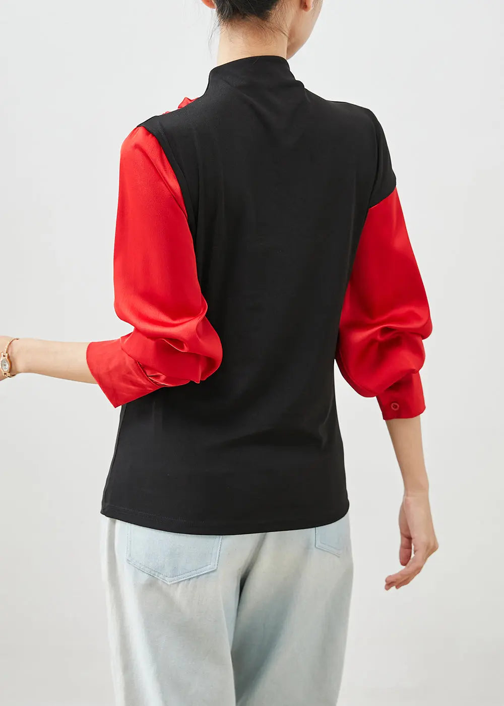 DIY Red Asymmetrical Patchwork Cotton Shirt Tops Batwing Sleeve Ada Fashion