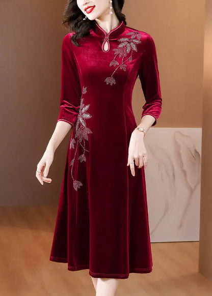 DIY Wine Red Embroidered Slim Silk Velour Long Dress Fall Ada Fashion