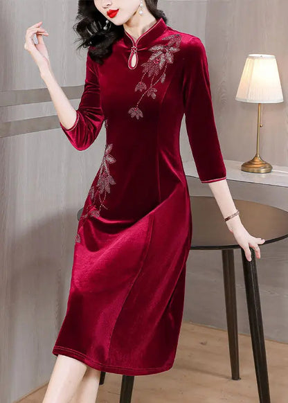 DIY Wine Red Embroidered Slim Silk Velour Long Dress Fall Ada Fashion