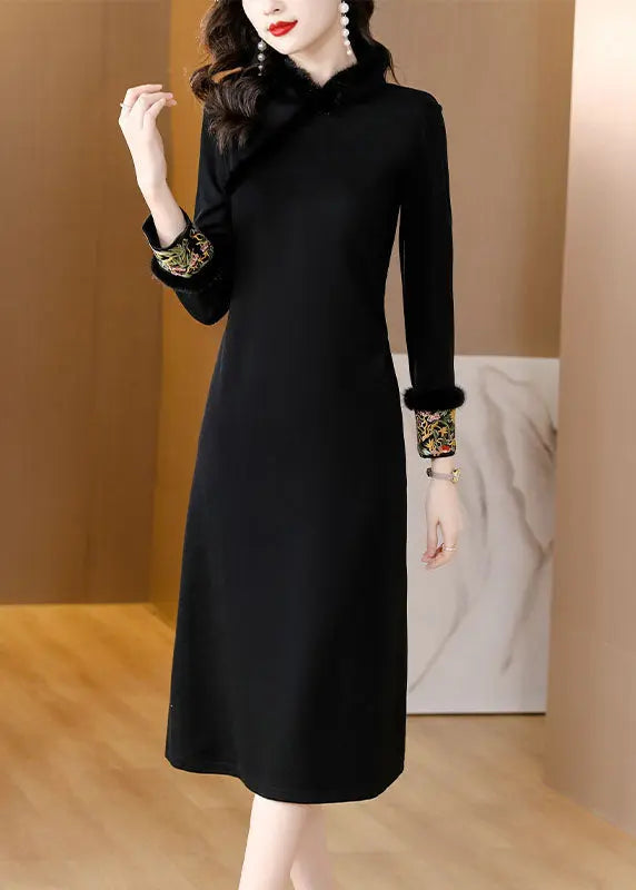 Dinner Black Stand Collar Warm Fleece Mink Hair Maxi Dress Long Sleeve Ada Fashion