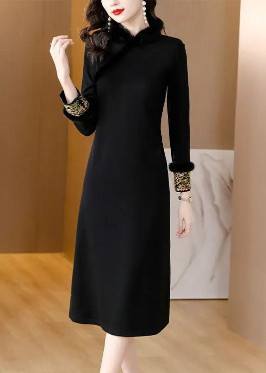 Dinner Black Stand Collar Warm Fleece Mink Hair Maxi Dress Long Sleeve Ada Fashion