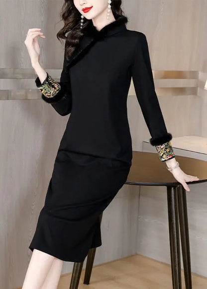 Dinner Black Stand Collar Warm Fleece Mink Hair Maxi Dress Long Sleeve Ada Fashion