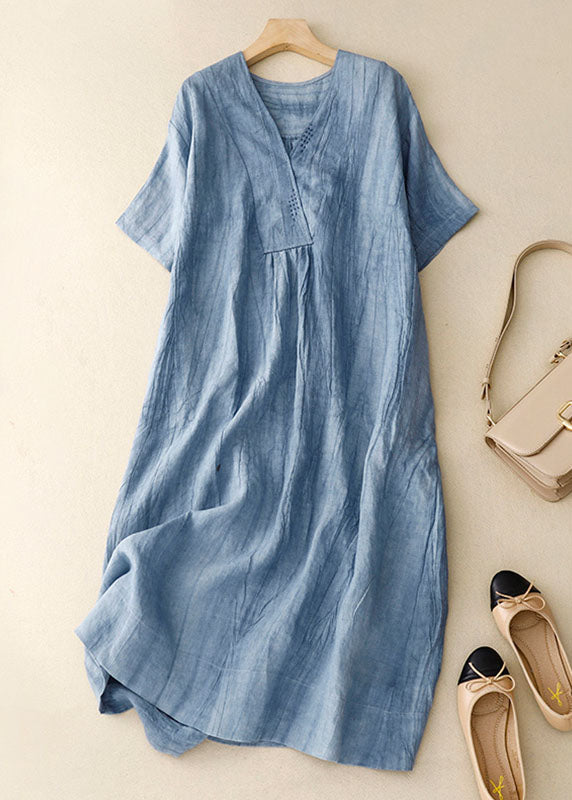 Diy Blue V Neck Wrinkled Patchwork Linen Mid Dress Summer Ada Fashion