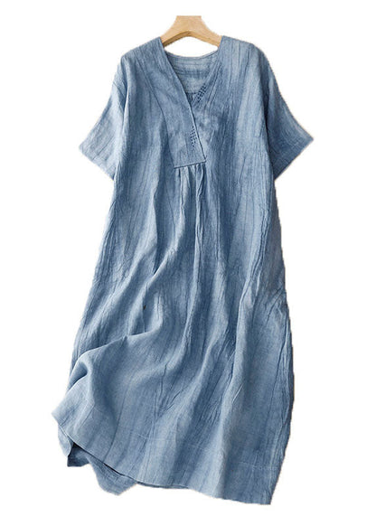 Diy Blue V Neck Wrinkled Patchwork Linen Mid Dress Summer Ada Fashion