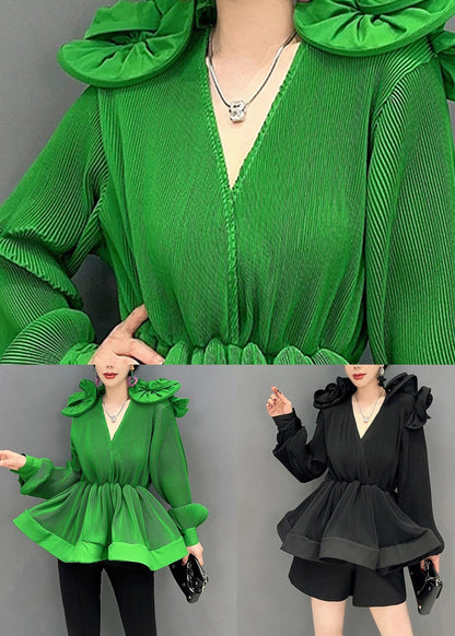 Hauts de chemise en mousseline de soie à volants et col en V vert à faire soi-même pour le printemps