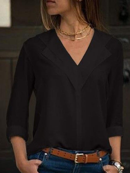 Women V-Neck Solid Color Long Sleeve Blouse CZ19