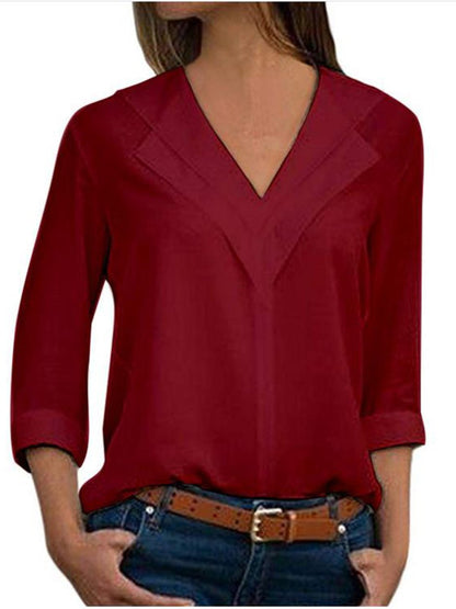 Women V-Neck Solid Color Long Sleeve Blouse CZ19