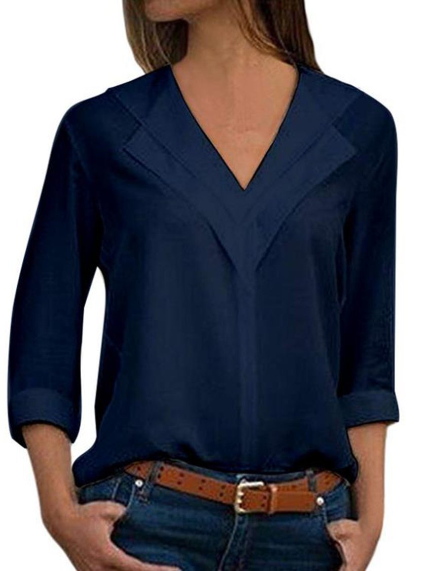 Women V-Neck Solid Color Long Sleeve Blouse CZ19