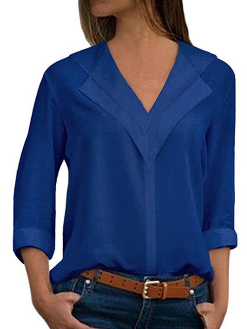 Women V-Neck Solid Color Long Sleeve Blouse CZ19